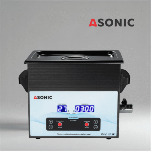 Черный ультразвуковой очиститель ASONIC MED 3L с нержавеющей крышкой для очистки медицинских и стоматологических инструментов.