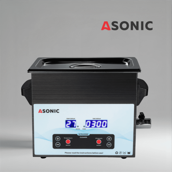 Черный ультразвуковой очиститель ASONIC MED 3L с нержавеющей крышкой для очистки медицинских и стоматологических инструментов.