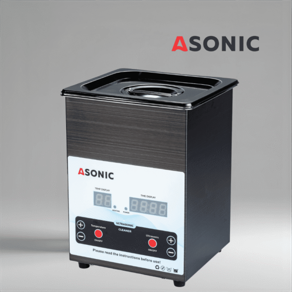 Черный ультразвуковой очиститель ASONIC MED 2L с закрытой крышкой для очистки медицинских и лабораторных инструментов.