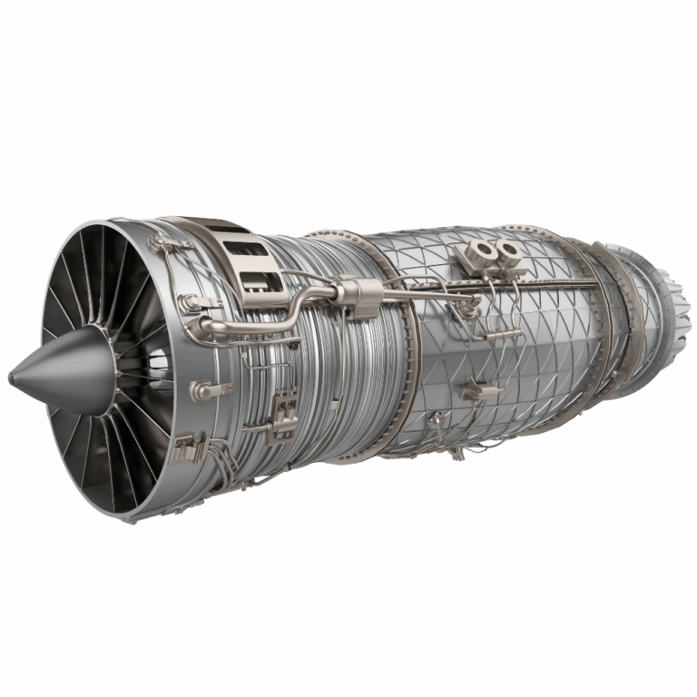 Двигатель самолета, показывающий, как ультразвуковая очистка используется для точной очистки аэрокосмических компонентов.