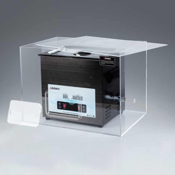 ASONIC 10L Ultrasonic Cleaner in Open Silent Box Открытая бесшумная коробка с ультразвуковым очистителем ASONIC 10 л, предназначенным для тихой профессиональной очистки.