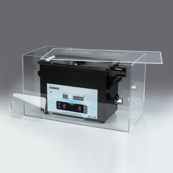 Открытая бесшумная коробка с ультразвуковым очистителем ASONIC объемом 3 л, иллюстрирующая конструкцию для снижения шума.